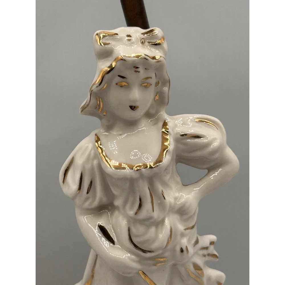 Vintage Colonial Woman Gold Trim Porcelain Table Lamp